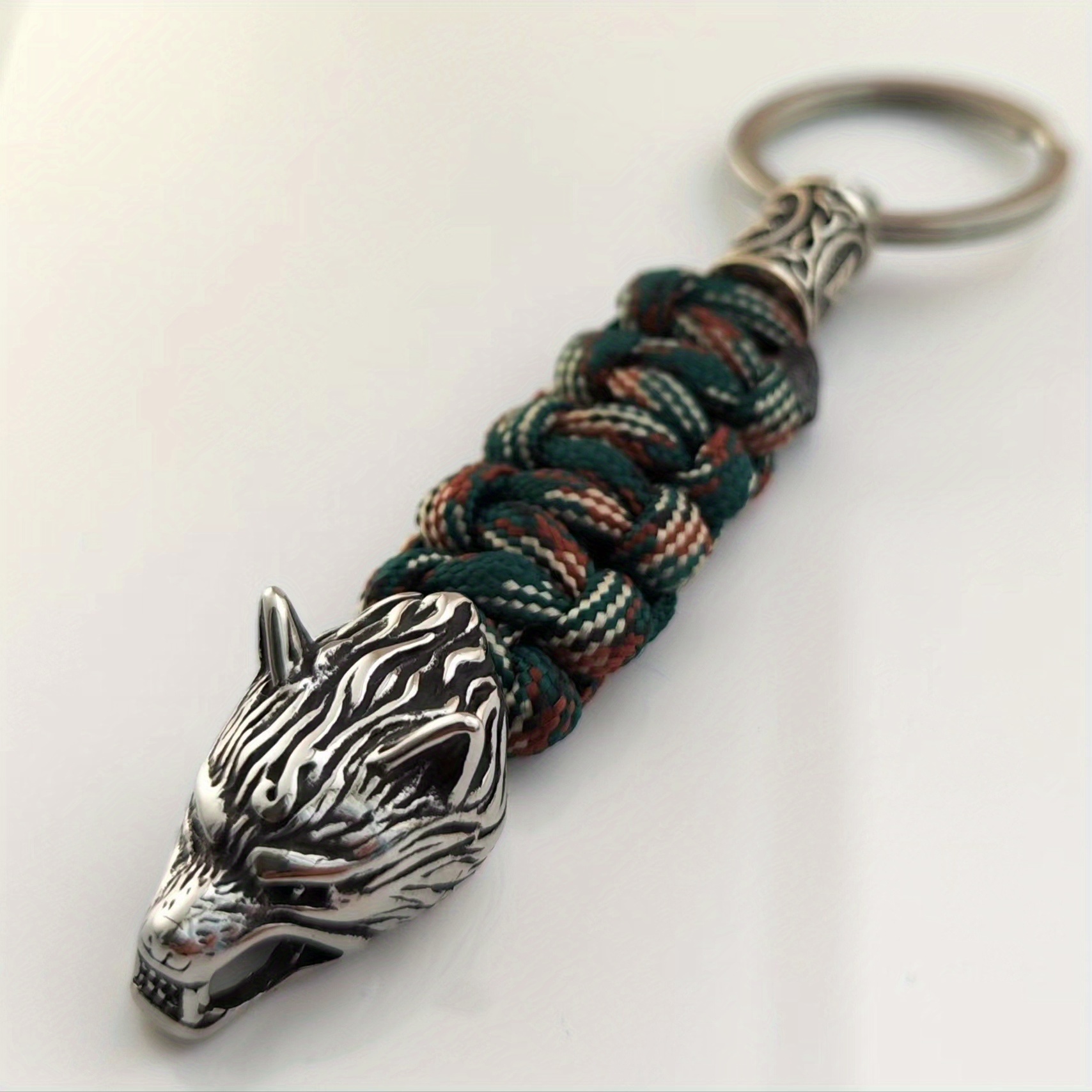 Stainless Steel Viking Wolf Head Keychain - Sporty Hand-Woven Polyester, Fashion Accessory for Men, Key Chain details 3