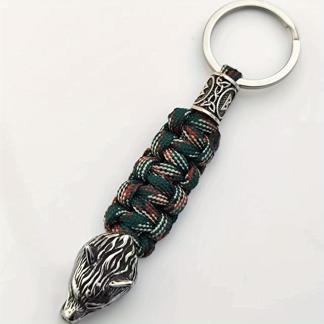 Stainless Steel Viking Wolf Head Keychain - Sporty Hand-Woven Polyester, Fashion Accessory for Men, Key Chain details 4