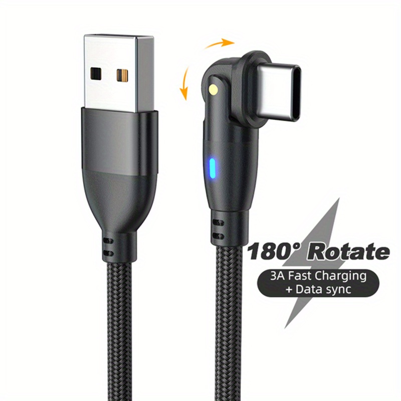 Rijow 3a Usb Type-c Fast Charging Cable With 180° Rotatable Design, 10-20w , 2-in-1 L-shaped & Straight Connector, Glossy Finish, Compatible With For , Xiaomi