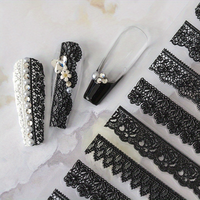 Image of 1pc Elegant 5d Embossed Black & White Lace Nail Art Stickers - Self-adhesive, With Intricate Floral & Scalloped Design, Ideal For Diy Manicure, Nail Stickers