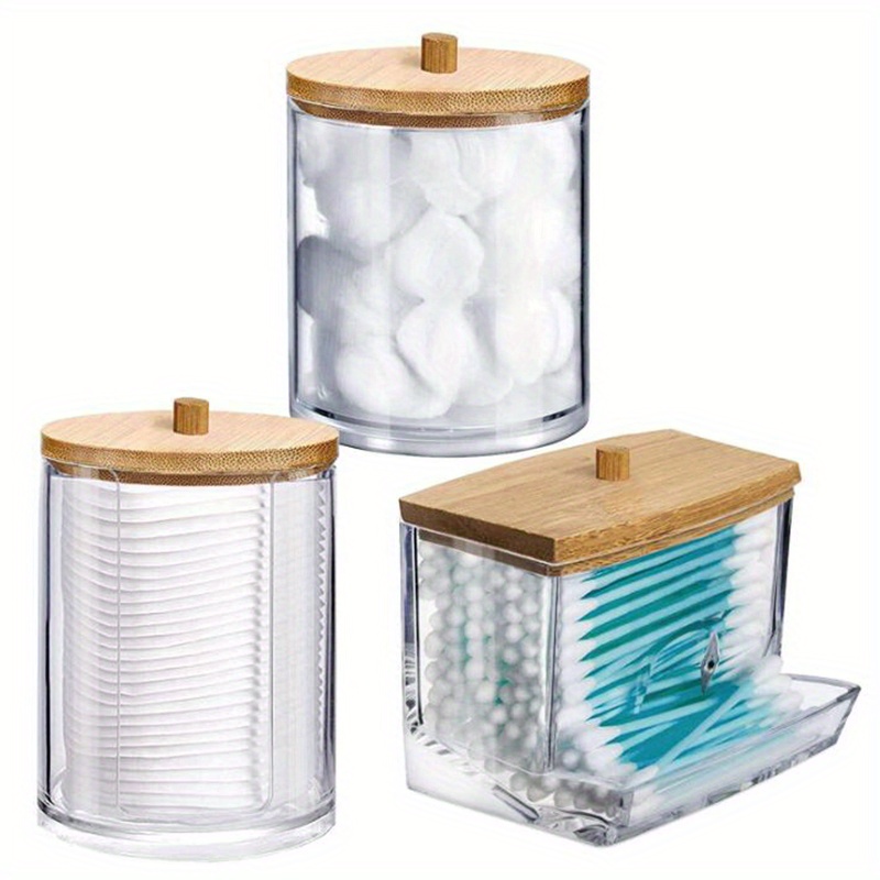 Clear Qtip Holder Storage Canister Organizer With Bamboo Lid