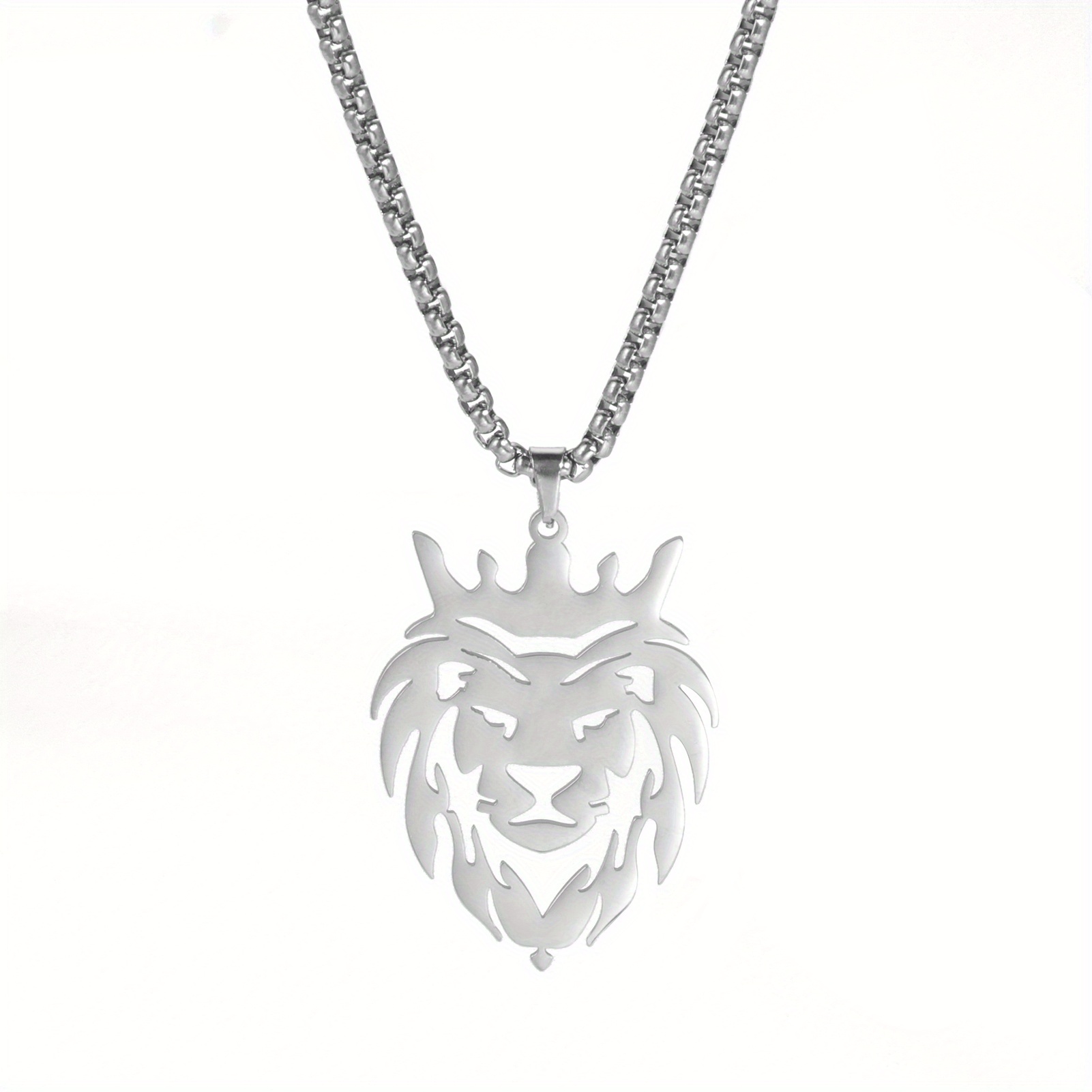 1pc Men's Stainless Steel Hollow Crown Lion Head Pendant Necklace Hip 