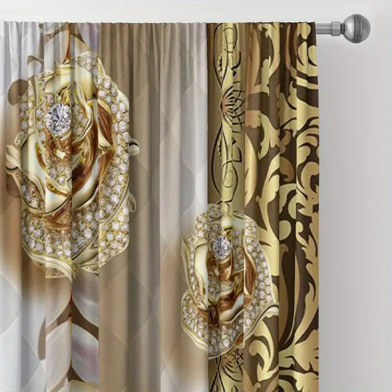 2pcs elegant golden flower pattern curtain for home decor rod pocket window treatment for bedroom office kitchen living room and study details 3