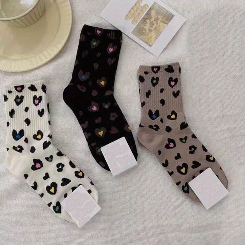 3-pair Spring/summer Fashion Socks For Women, Cream Leopard Print With Rolled Cuff, Socks