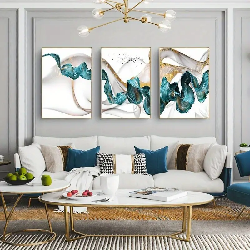 Abstract Blue Green Golden Painting On Canvas,fashion Luxury Art Poster Hd  Print, Modern Wall Pictures For Living Room Decor, No Frame - Temu