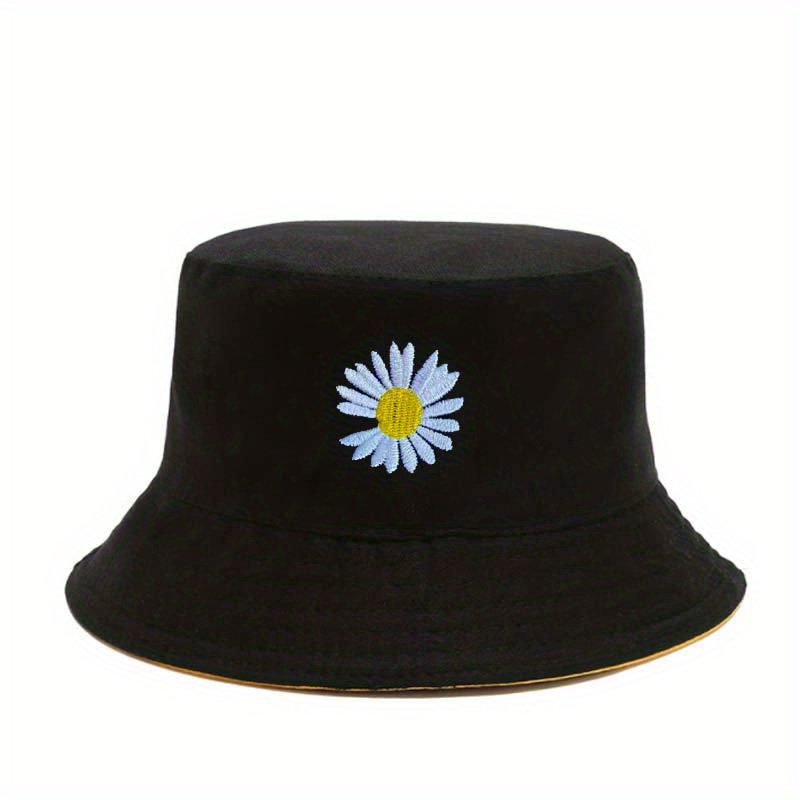 Daisy Flower Embroidery Bucket Hat Reversible Sunscreen Beach Cap Women
