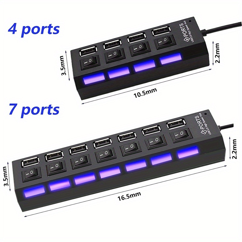 Adaptateur USB 2.0 HUB 7 ports, extenseur Multiple haute vitesse LED  marche/arrêt, interrupteur d'alimentation, accessoires de câbles  d'ordinateur de bureau - AliExpress
