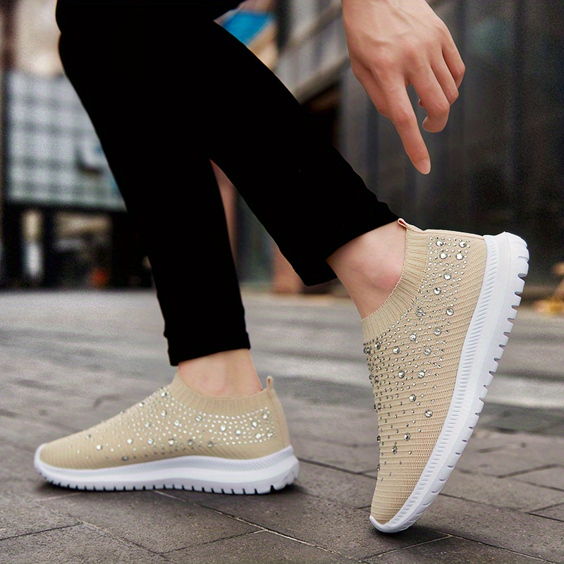 Women's Rhinestone Sock Sneakers Solid Color Low Top Slip - Temu