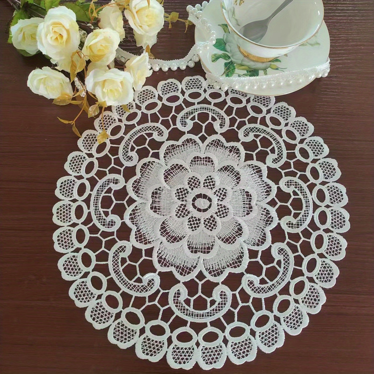  2PACK Retro French Style Lace Placemats Fashionable Embroidered  Cup Mat vase mat 12”x16”,Beige (Beige) : Home & Kitchen