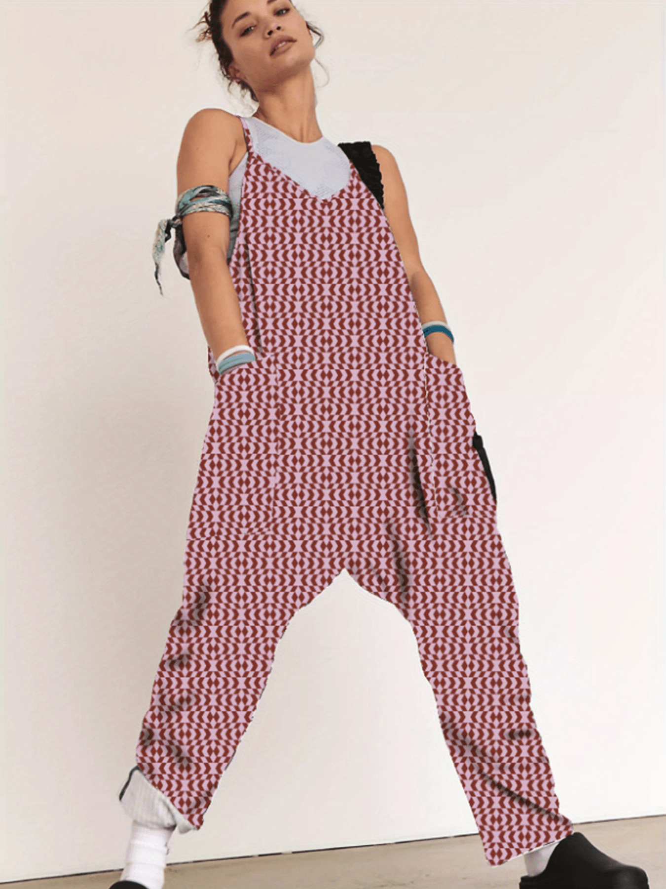 Striped Dual Pockets Overall Baggy Jumpsuit, Casual Cami Overall Harem