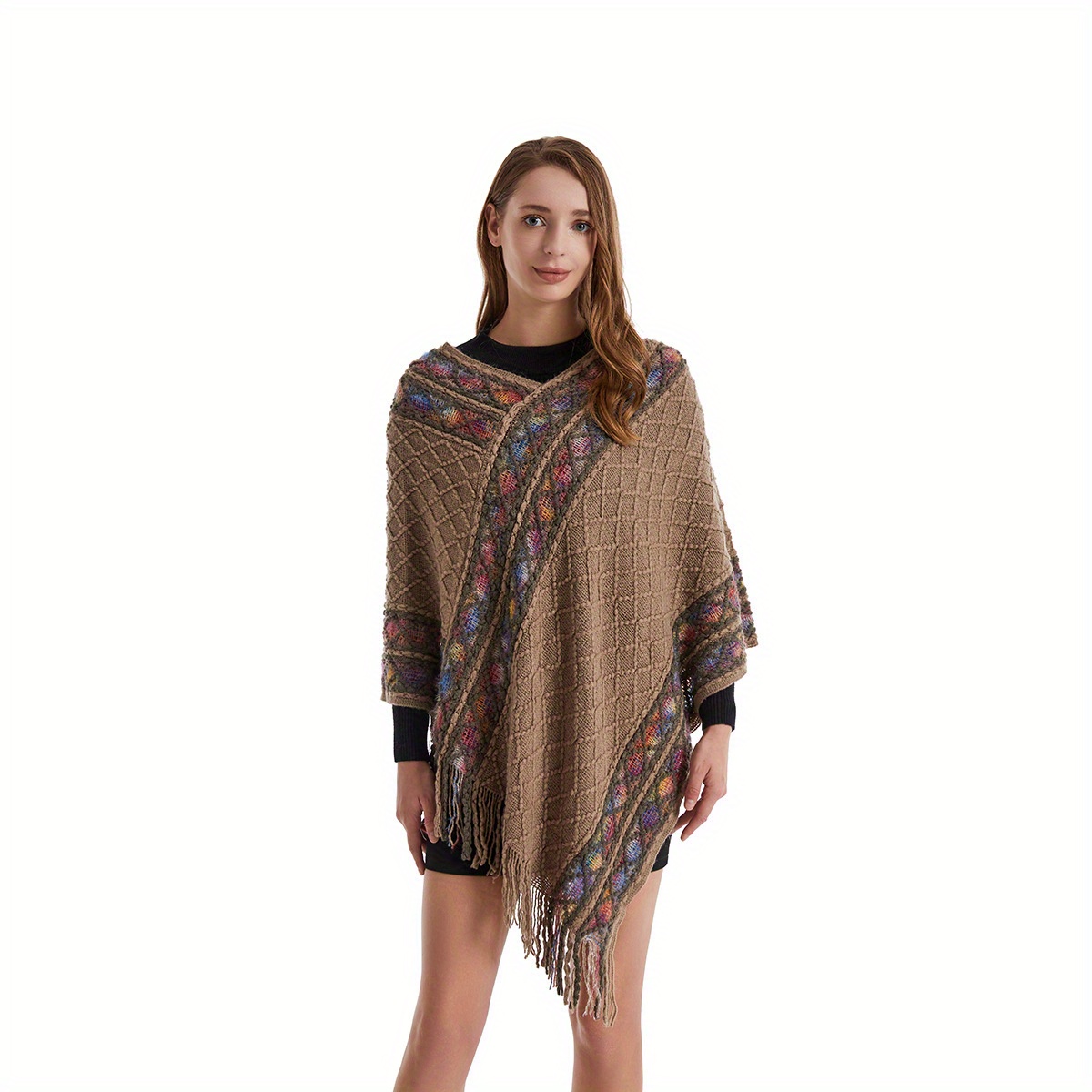 Boho Thicken Warm Shawl Plaid Tassel Cape Coat Hooded Wrap Mature Knitted  Outwear Shawl For Winter - Temu Canada