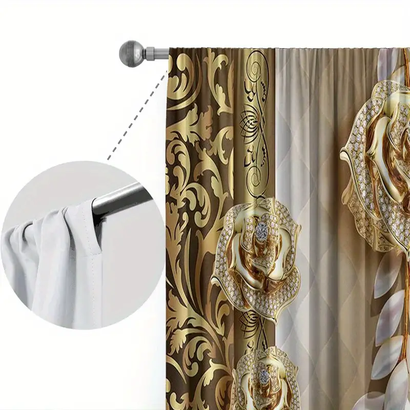 2pcs elegant golden flower pattern curtain for home decor rod pocket window treatment for bedroom office kitchen living room and study details 4