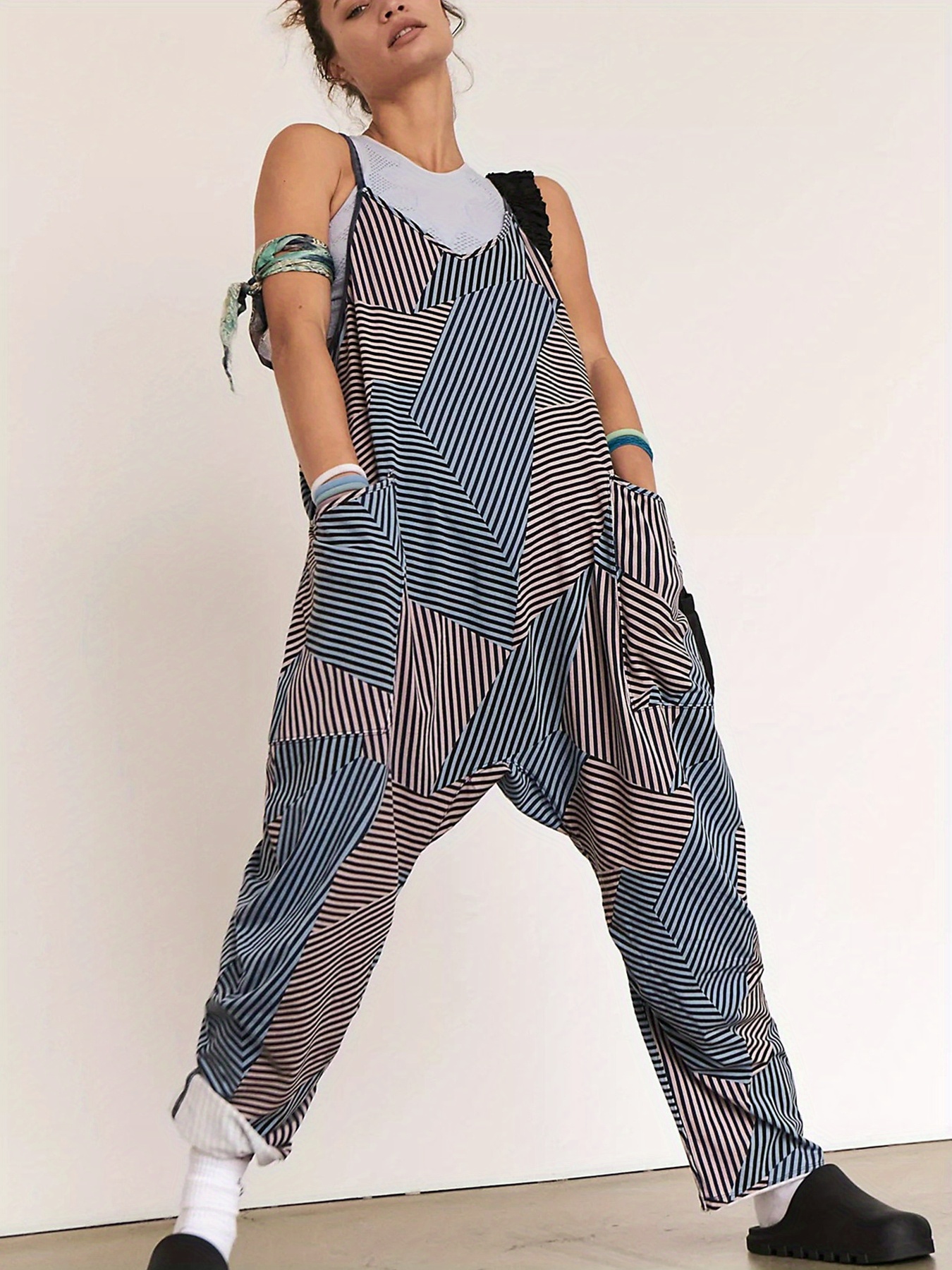 Striped Dual Pockets Overall Baggy Jumpsuit, Casual Cami Overall Harem
