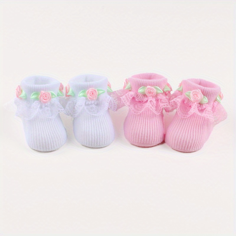 TEMU 2pairs Baby Girls Cute Casual Flower Lace Brim Knit Socks, Elastic Comfortable Breathable Newborn Baby Socks