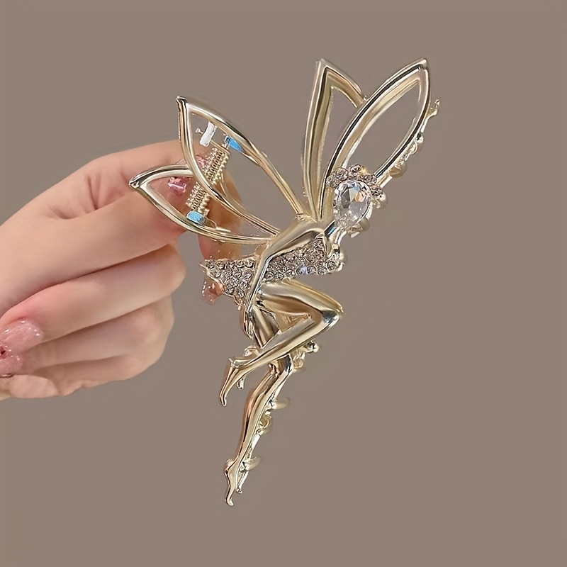Image of Elegant Rhinestone-encrusted Dancing Wing Hair Clip, -of-head Hair Grab Clip, Fashionable Women's Hair Accessory