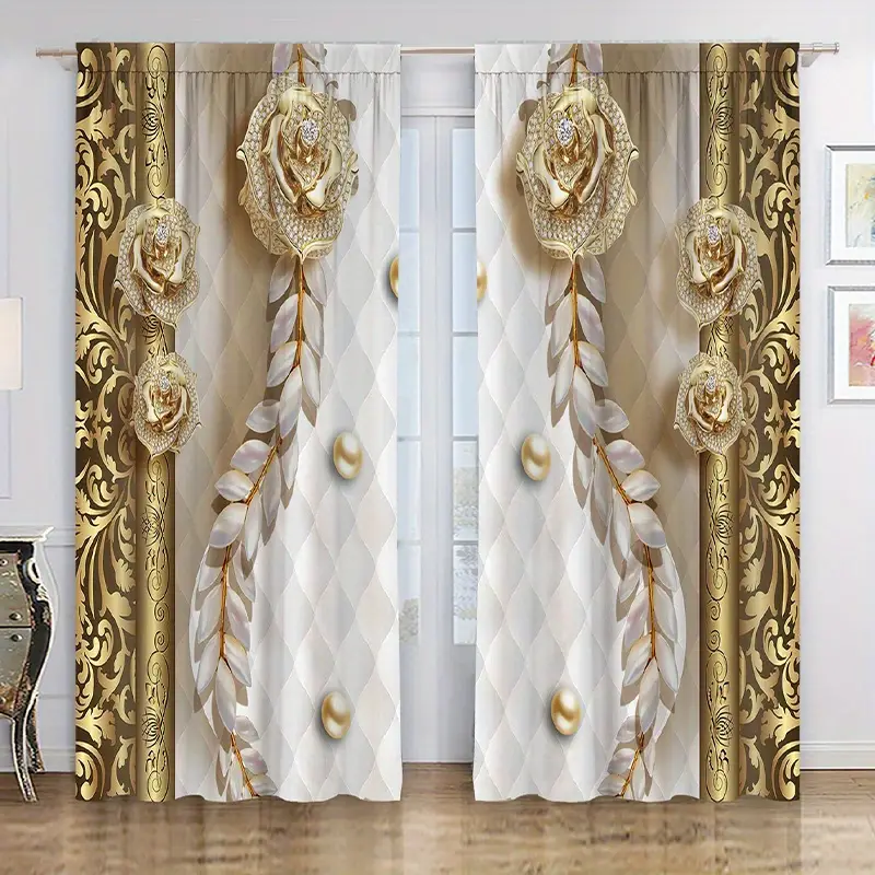 2pcs elegant golden flower pattern curtain for home decor rod pocket window treatment for bedroom office kitchen living room and study details 1