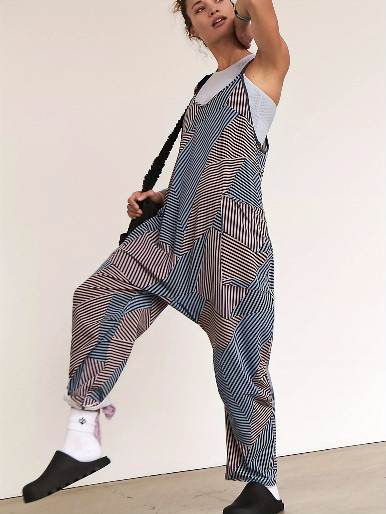 Striped Dual Pockets Overall Baggy Jumpsuit, Casual Cami Overall Harem