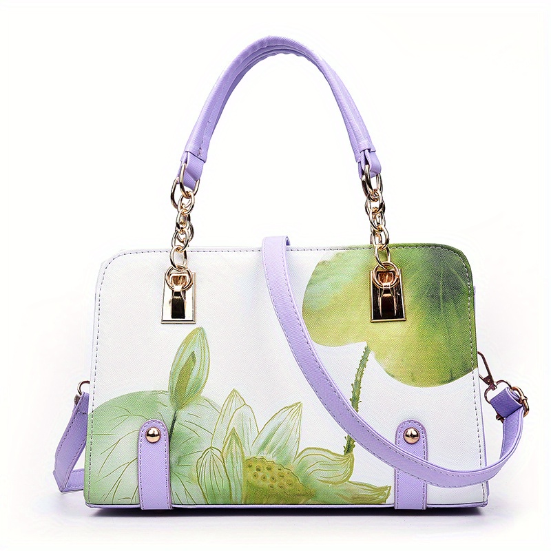 Flower Pattern Handbag, Elegant Crossbody Bag, Women's PU Leather Satchel Purse