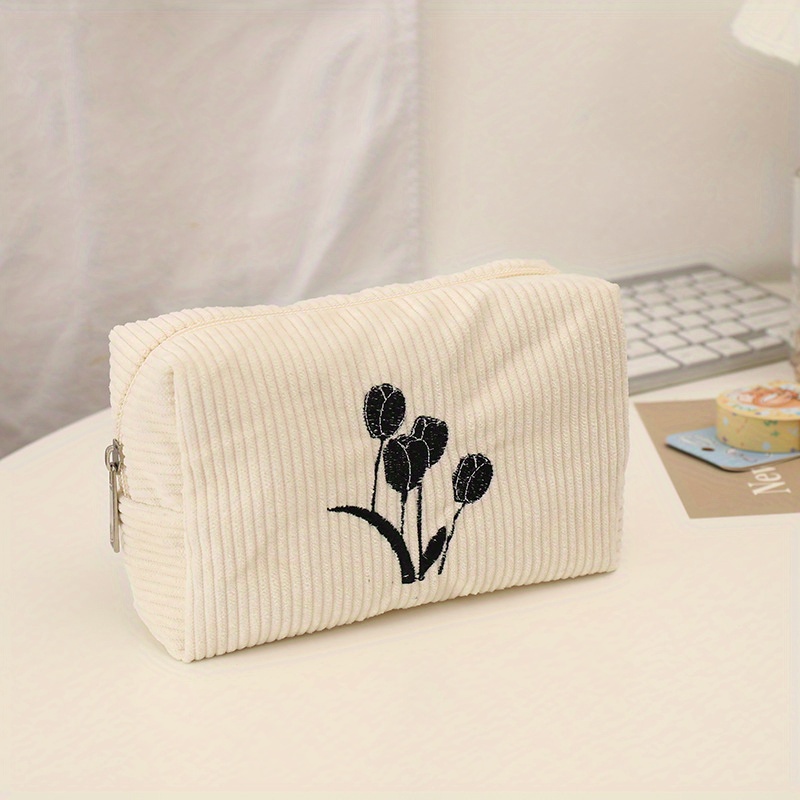 Tulip Embroidered Cosmetic Bag Zipper Makeup Pouch