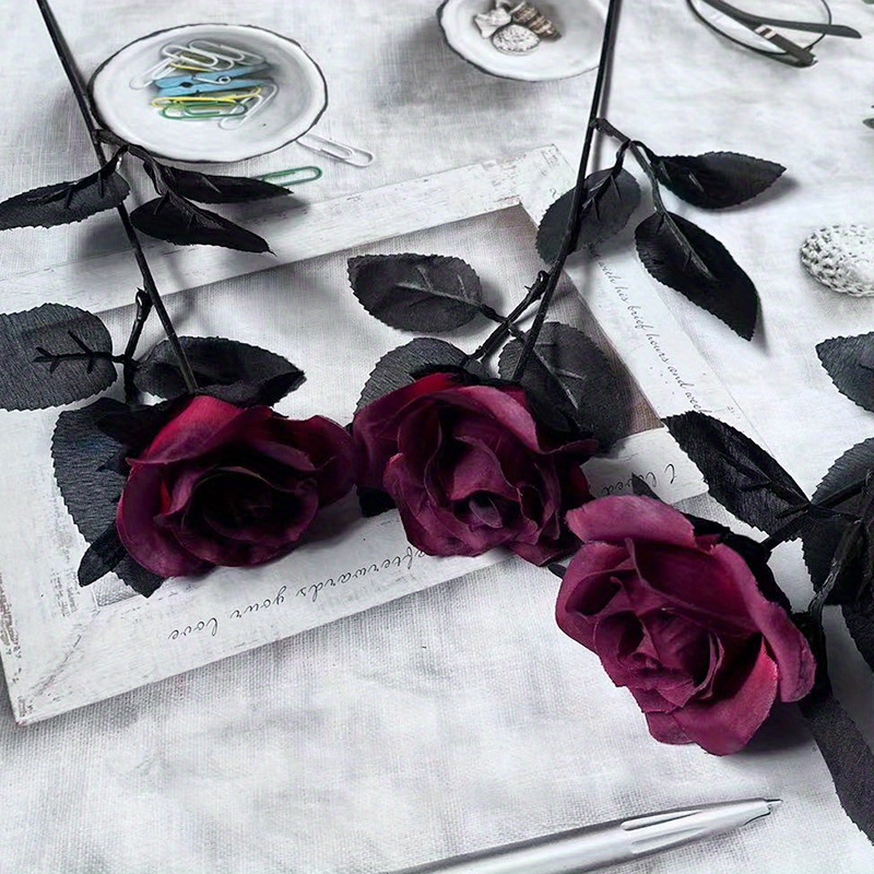 Rosa negra artificial, flor negra artificial, decoración de rosa negra,  tallo de flor artificial, rosas eternas para jarrón, flores de boda negras  -  España