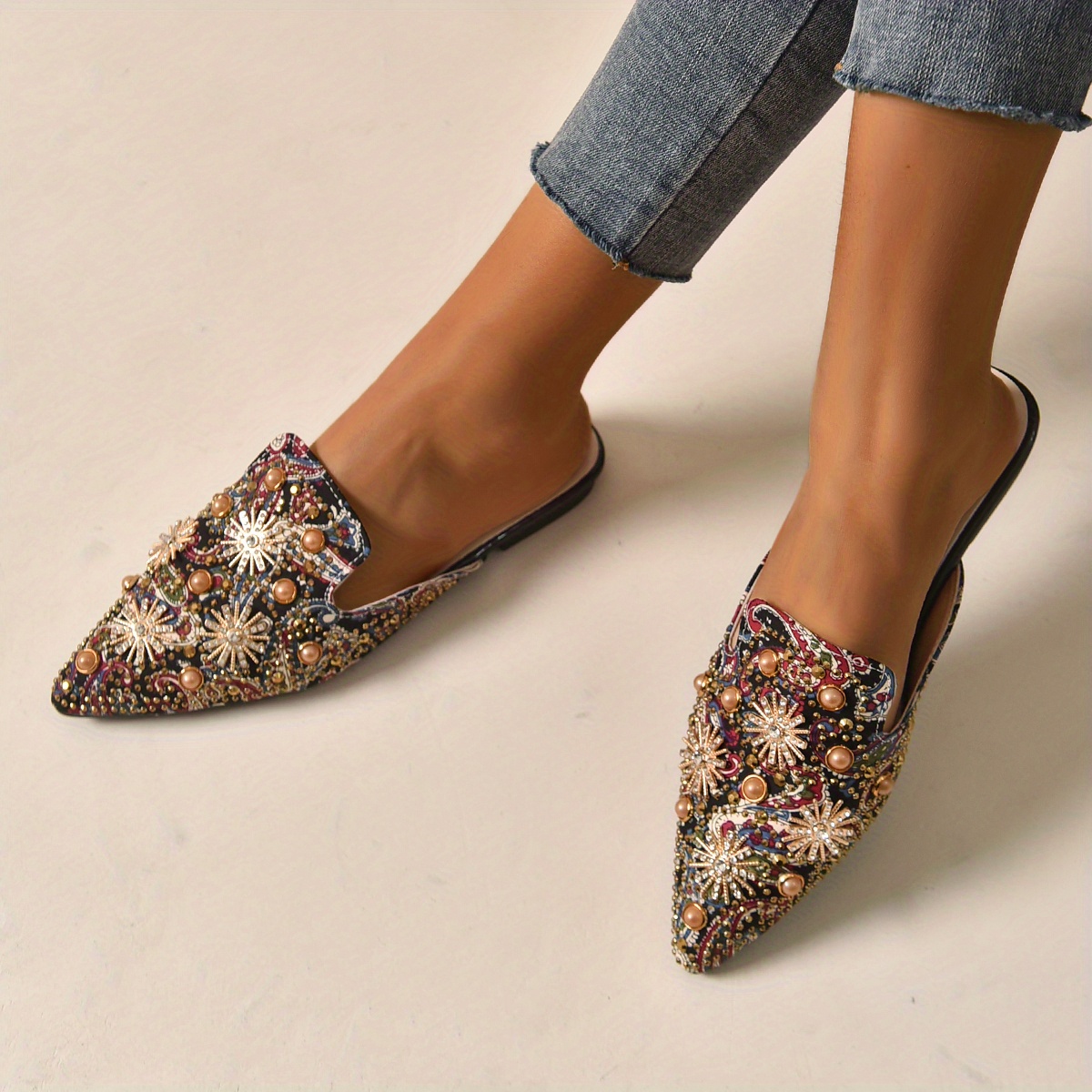 Women's Rhinestone Flat Mules, Fashionable Pointed Toe Slip On