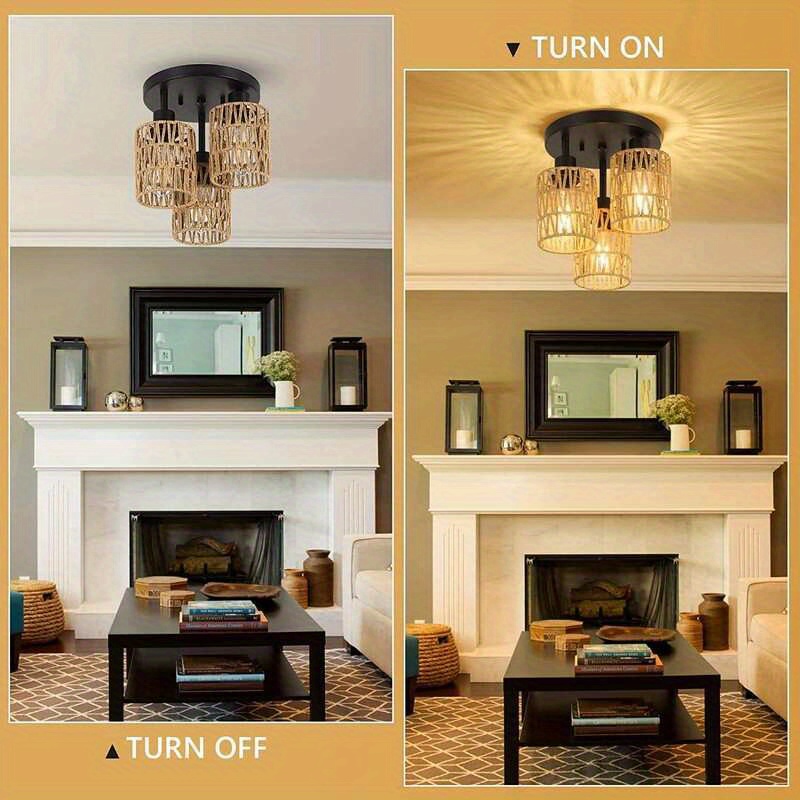 3 lights Boho Light Fixtures Ceiling Mount Farmhouse Rattan - Temu