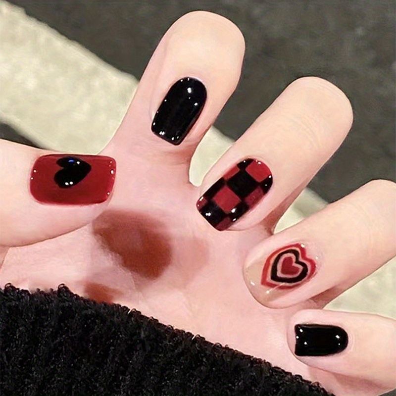 24pcs Valentine's Day Press On Nails Short Square Fake Nails Red Black ...