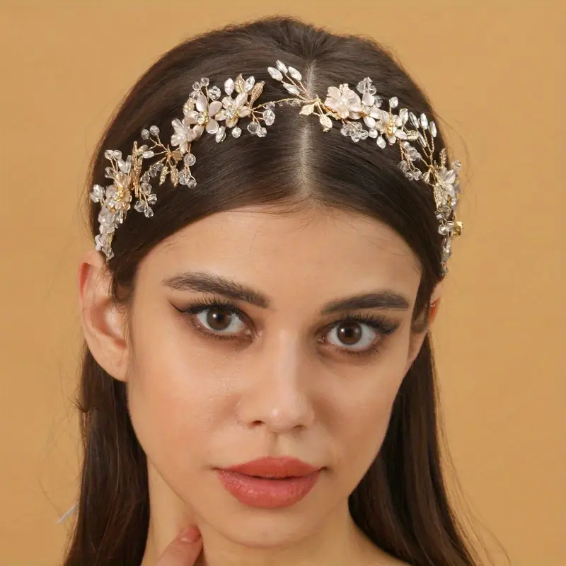 Queen Crown Tiara Silver Flower Leaf Pearl Crystal Headband Tiara - Wedding, Prom, Princess, Queen Crown For Adults Pearl Tiara - Foto 8