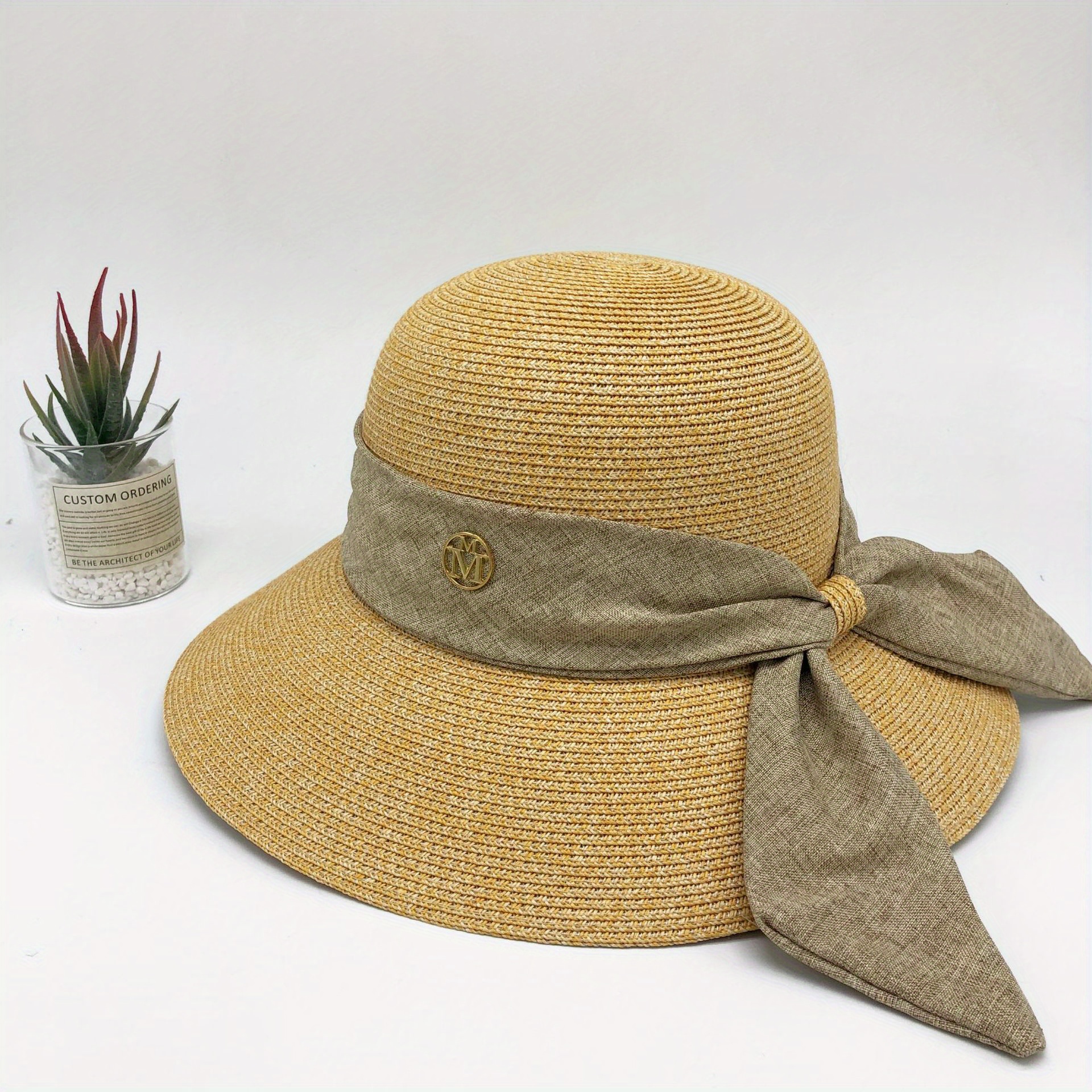 Ribbon Bow Decor Sun Hat Solid Curved Brim Straw Hat Jazz Fedora