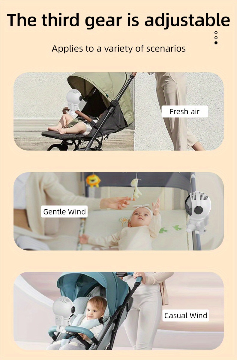 stroller fan astronaut usb charging student dormitory mute high wind portable multifunctional desktop small fan wireless bladeless fan anti hand pinch four wind speed angle adjustment low noise 4000ma large capacity and long battery life details 10