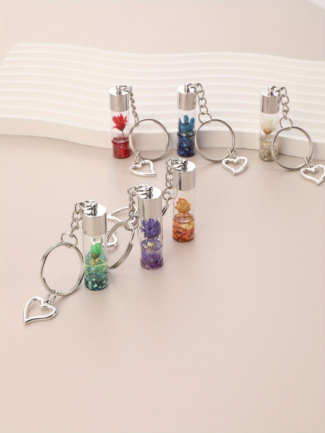 6pcs flower in bottle keychain heart key ring purse bag backpack car charm earphone accessory women valentines day gift details 1