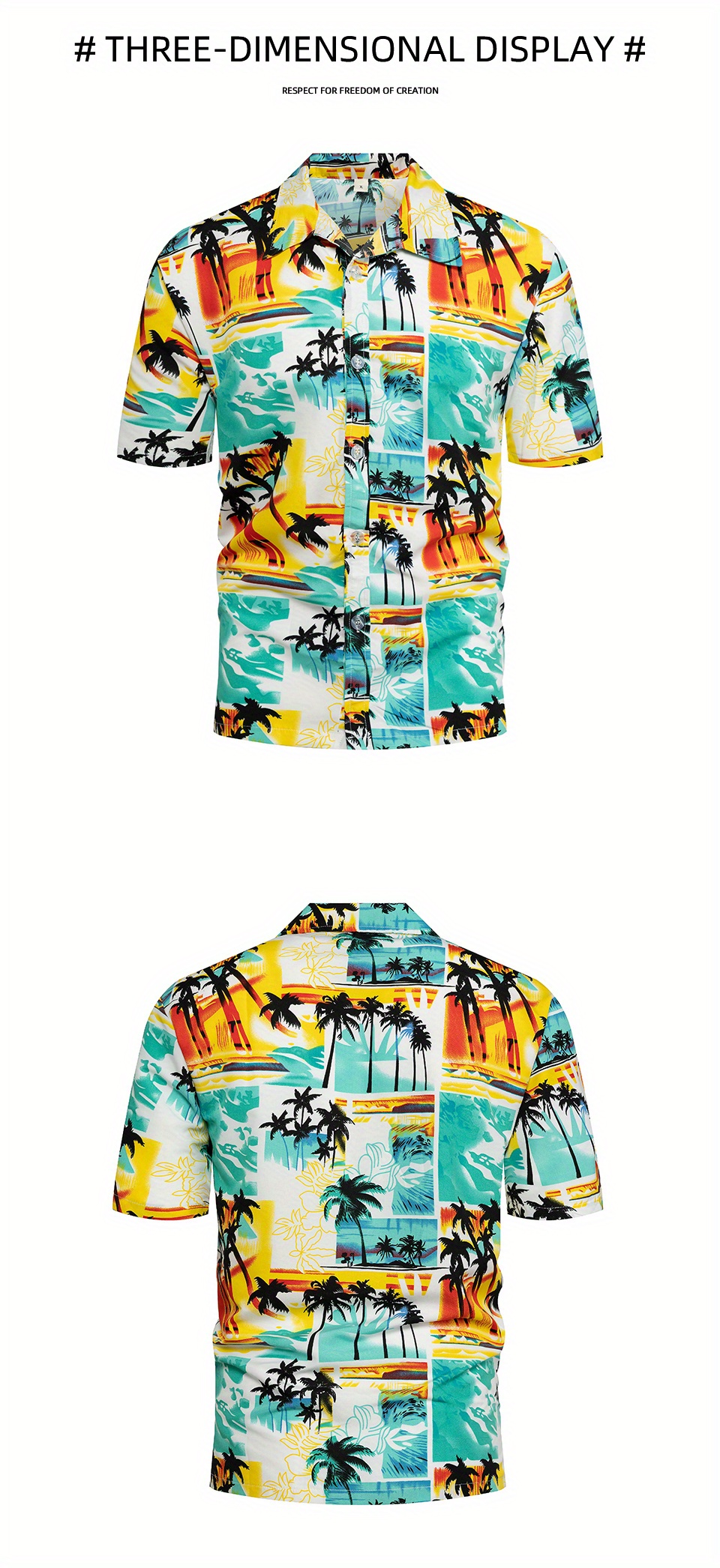 Men's Hawaiian Lapel Shirt For Summer Vacation Resort, Casual Palm Tree