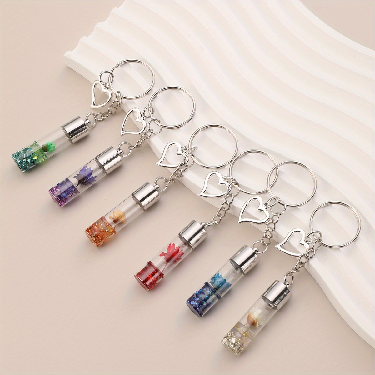 Image of Set Of 6 Glass Bottle Keychains With Alloy Heart Pendants And Charms, Stylish Additions For Bags, Perfect Gifts For Valentine's Day