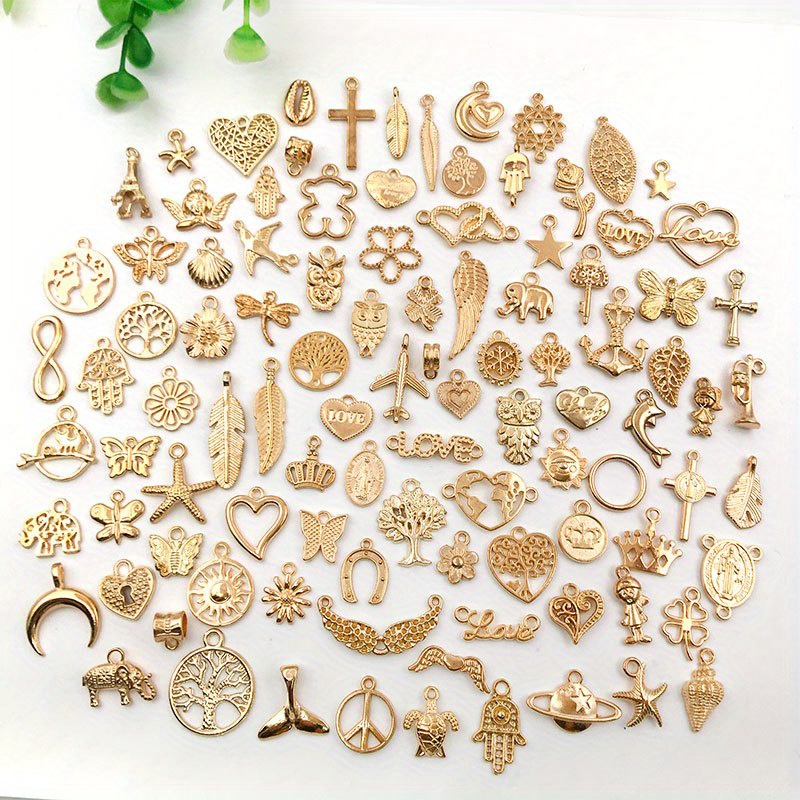 100pcs KC gold random mixing Metal Zinc Alloy animal flower key Heart  Charms Fit Jewelry Pendant For DIY Necklace Bracelet Jewelry Making  Findings