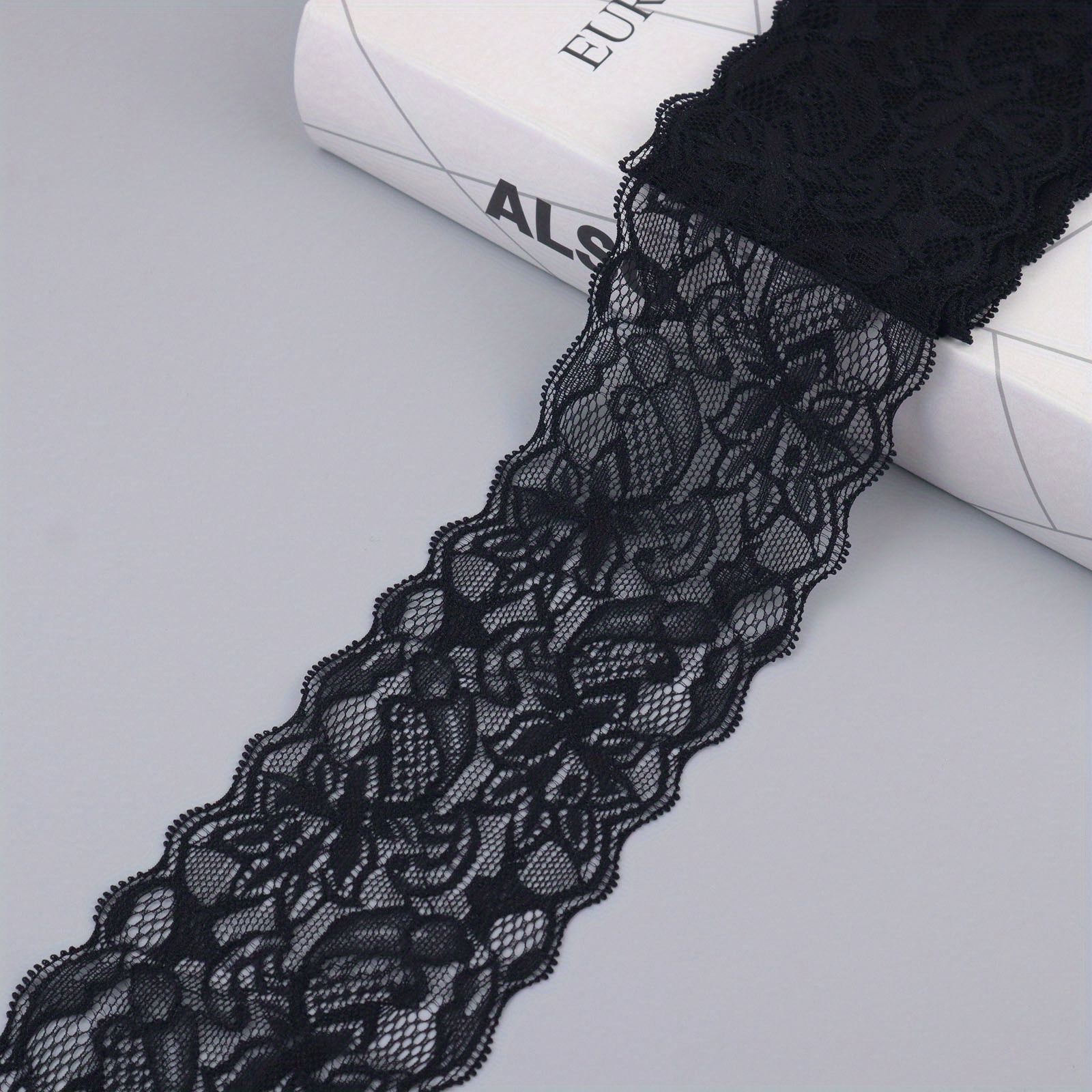 Black Lace Fabric Lace Trim, Stretch Floral Lace Ribbon Trim, Wide Elastic  Sewing Lace Crafts Decorating (Black 7Inch 5Yards)