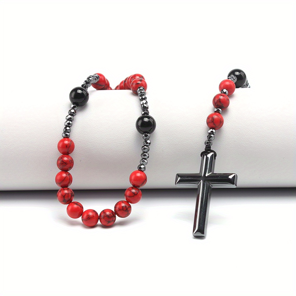 cross border export natural stone 8mm red pine stone black agate black gallstone cross rosary necklace for men long chain details 1