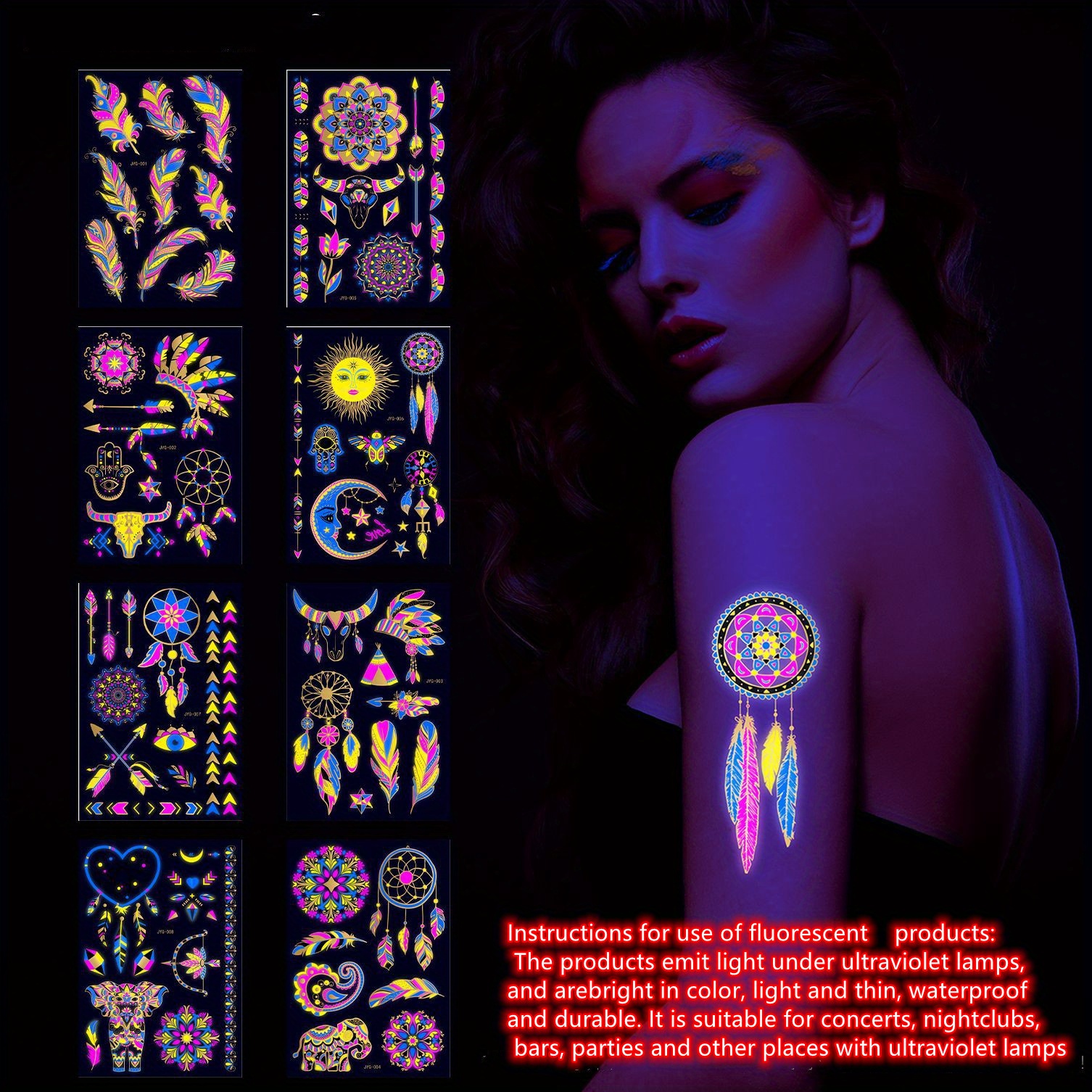 Neon Glow In Dark Temporary Tattoos Fluorescent Metallic Temu