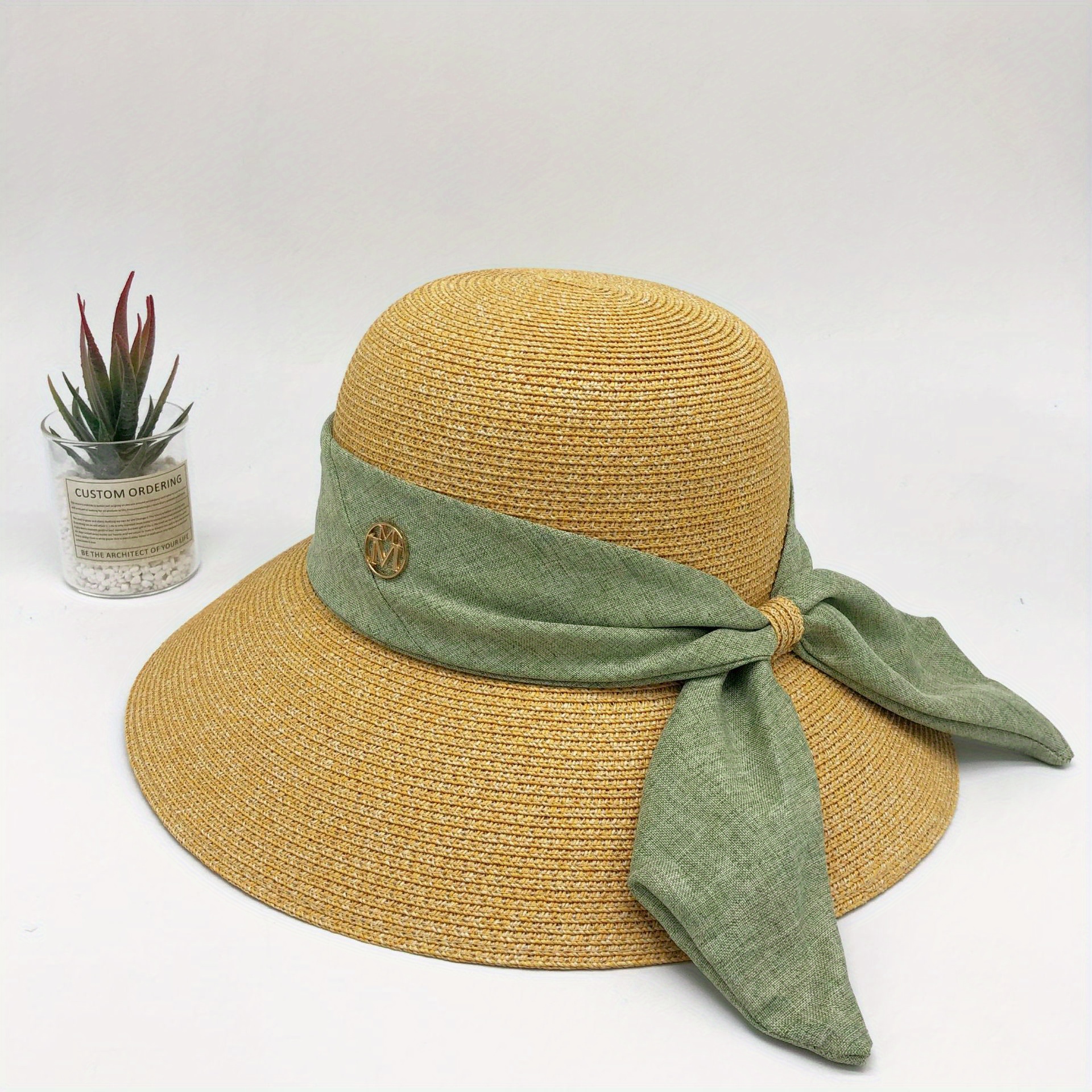 Ribbon Bow Decor Sun Hat Solid Curved Brim Straw Hat Jazz Fedora