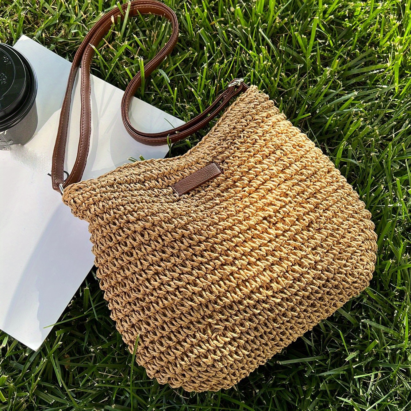 TEMU Bolso De Paja Tejido Informal, Bolso Cruzado De Ganchillo, Bolso De Playa De Verano Trenzado Para Mujer