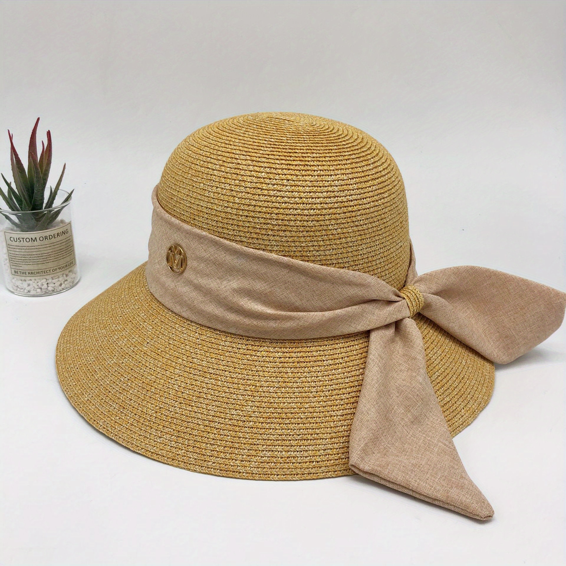 Ribbon Bow Decor Sun Hat Solid Curved Brim Straw Hat Jazz Fedora