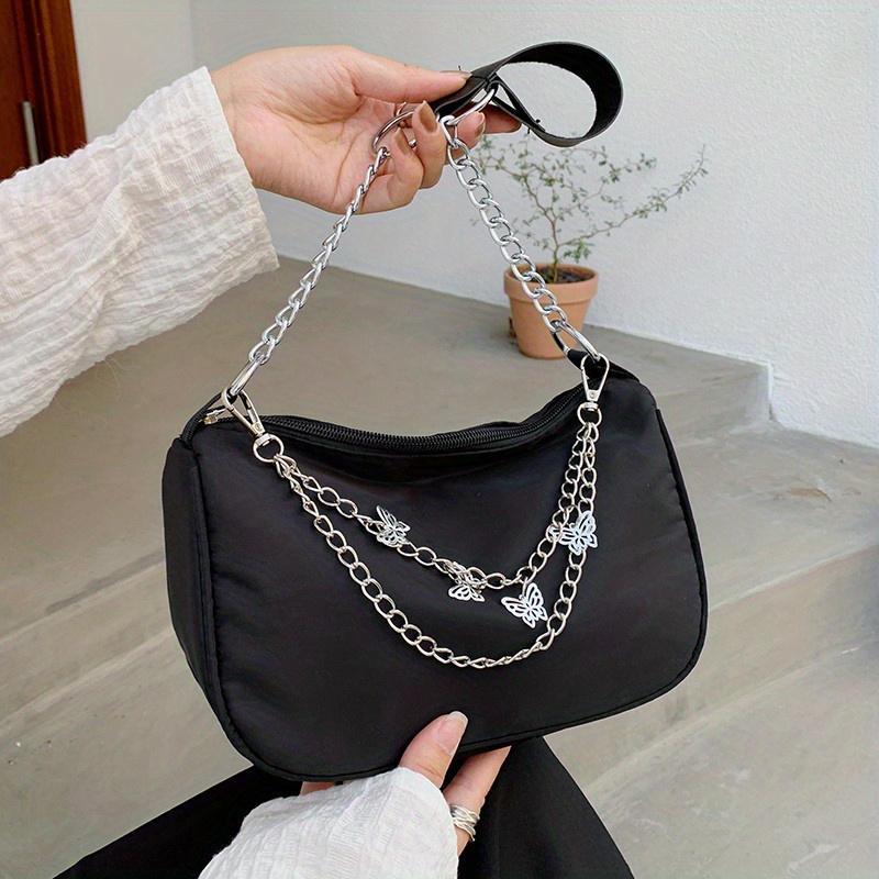 Trendy Zipper Shoulder Bag, Fashion Butterfly Pattern Underarm Bag, Stylish Chain Decor Purse Mini Butterfly Decor Baguette Bag,one-size