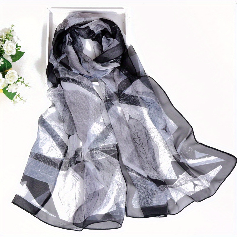 Chiffon Scarf Leaf Print Geometric Block Shawl Vintage Head Wrap