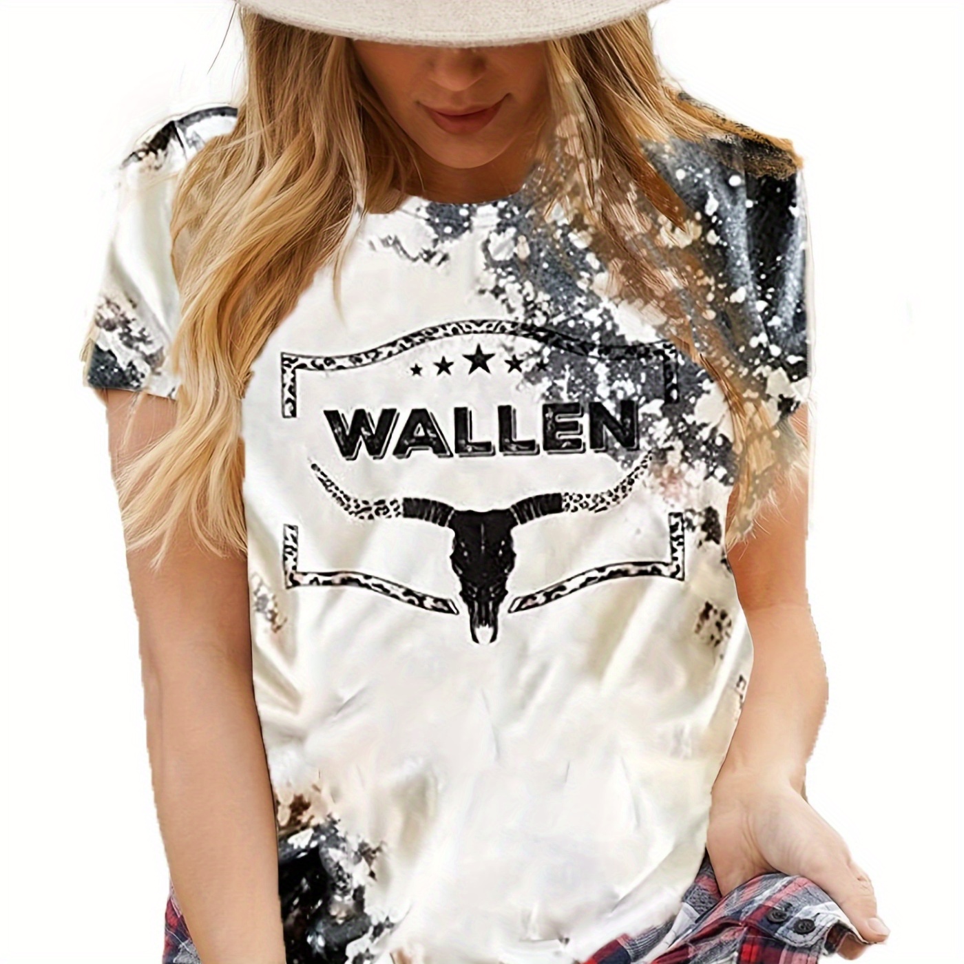 

Retro Cow Head Graphic Tee Shirt, Crew Neck Short Sleeve Casual Top For Spring & Summer, Women's Clothing
