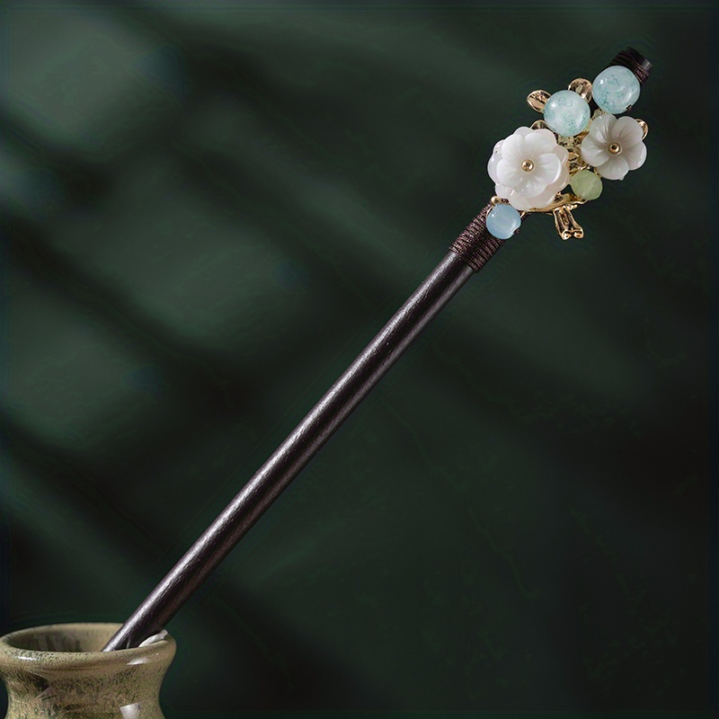 TEMU 1pc Épingle À Cheveux En Fleur Style Chinois Style Ancien Bâton de Cheveux En Bois Accessoires de Queue de Cheval Pour Femmes