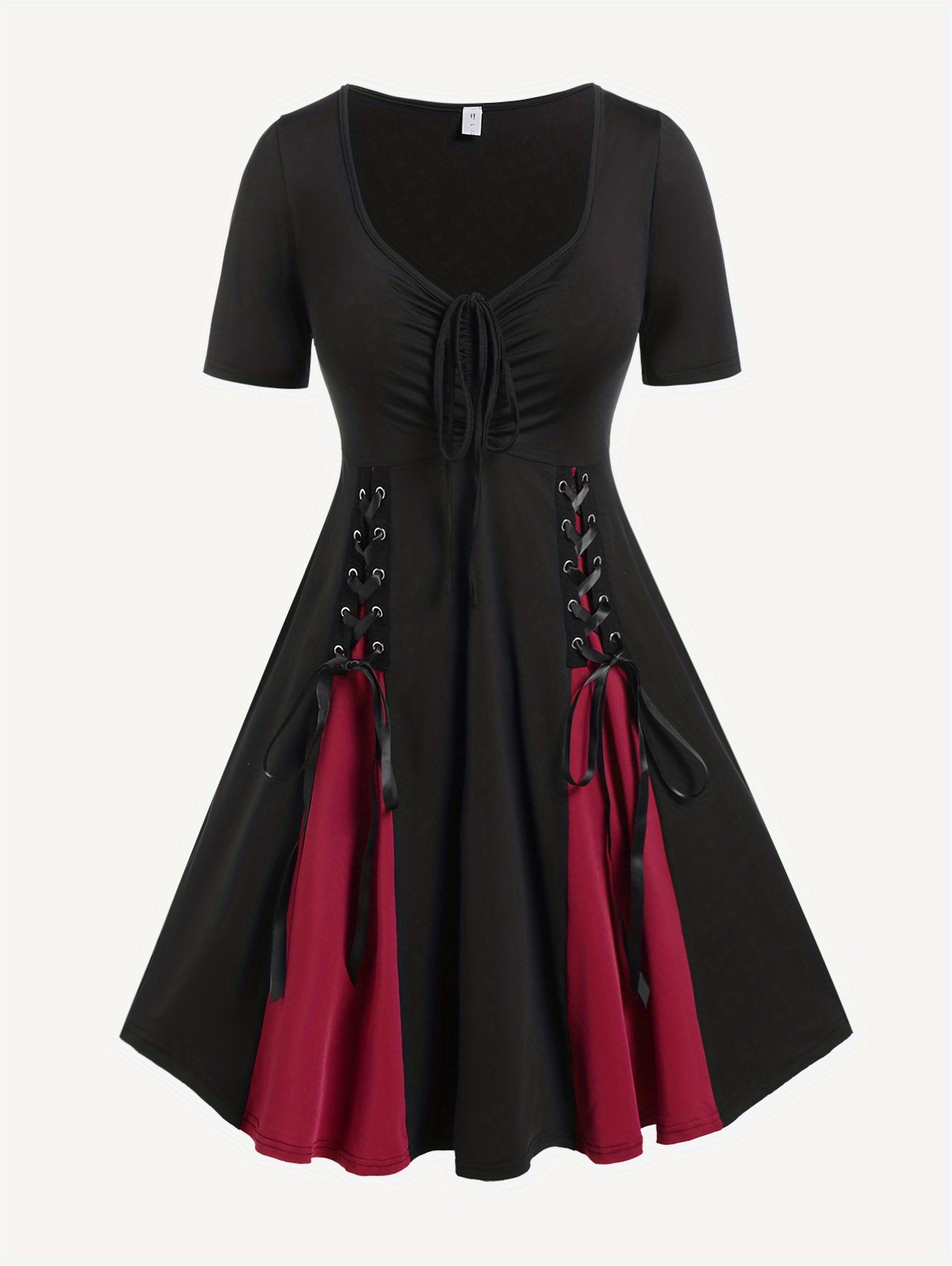 Udgående anbefale antik Plus Size Gothic Dress, Women's Plus Colorblock Lace Up Short Sleeve Ruched  V Neck Dress - Temu