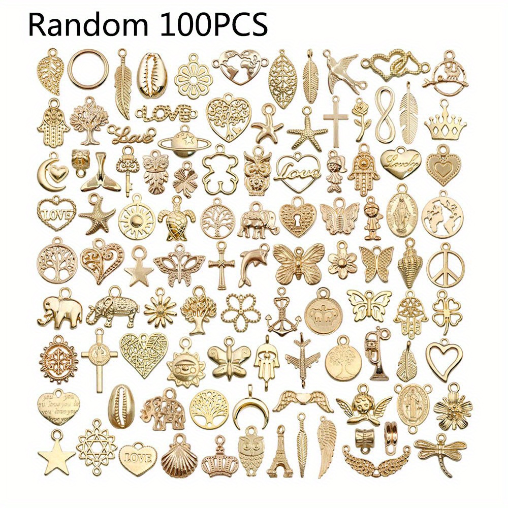 Charms for Jewelry Making - 100 Pcs DIY Gold Pendants for Earrings Bracelets Necklaces Supplies Mixed Alloy Beads for Jewelry Making Earrings