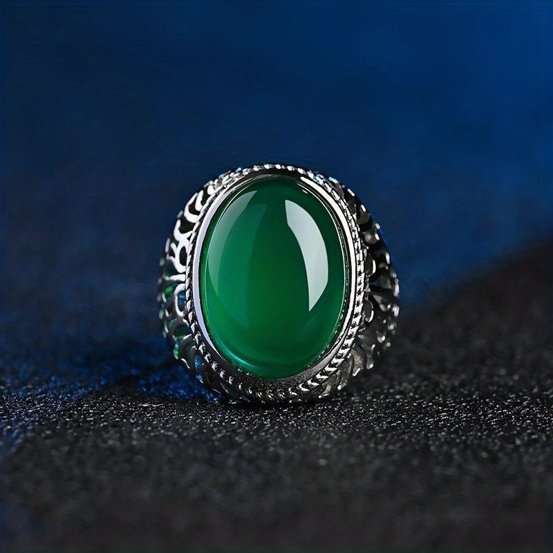 Men's Chrysoprase Silver Ring Adjustable Domineering Emerald Men's Ring