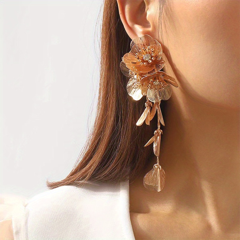 luxury flower pendant with shiny   decor dangle earrings copper jewelry trendy female gift details 0