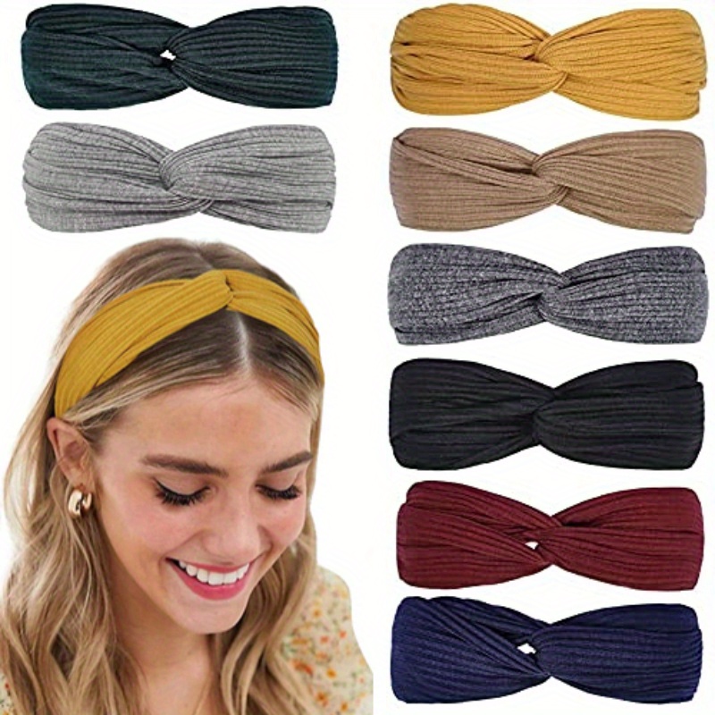 8pcs Solid Color Headband Non-Slip Twist Knot Boho Elastic Bandana Hair Accessories For Yoga Workout Wear Sweat Absorbing Vintage Hair Accessories