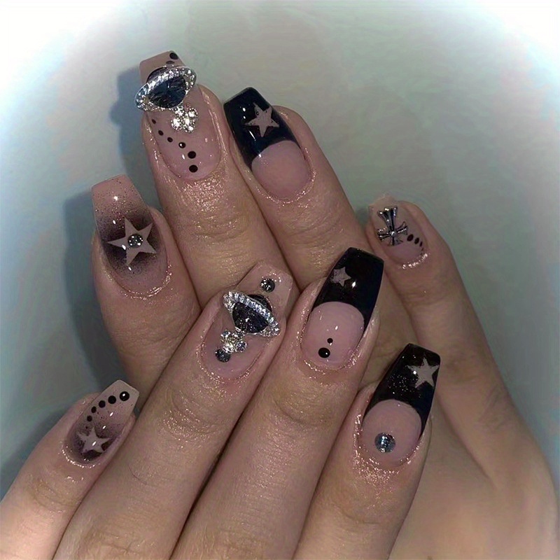 Gradient Ballerina Press On Nails With Wave And Star Designs,long